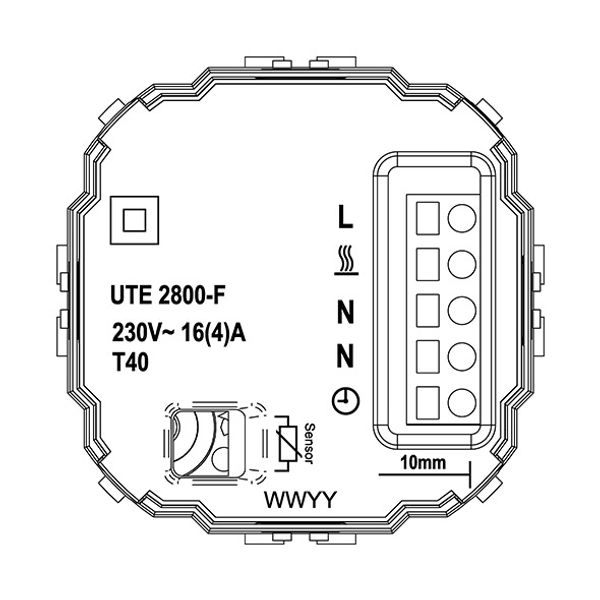 UP floor controller 10-40C, RAL1013 glossy 50x50, AC230V, 16 A, 1 NO contact, PWM / 2 point control, power switch, TA, LED displays, remote sensor image 3