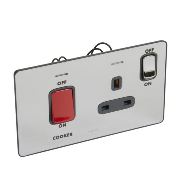 Synergy Sleek 45A Double Pole Cooker Control Unit with 13A Switched Socket Outlet and LED Power Indicators Polished Stainless Steel image 1