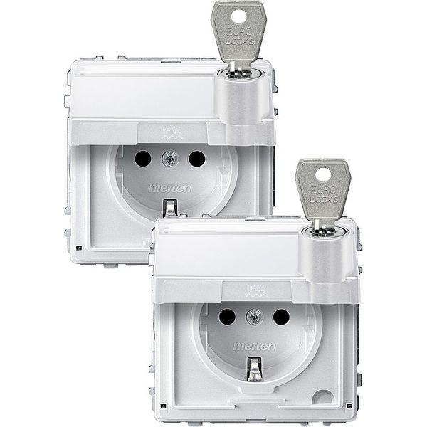 SCHUKO socket, hinged lid, label, lockable, 2 identical closures, BRS, StK, polar white, AQUADESIGN image 1