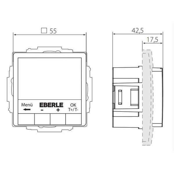 Flush-mounted thermostat as room controller, RAL9016 glossy 55x55, AC 230V, 1 changeover contact, heating 5(2) A, cooling 1(1) A, white backlighting image 3