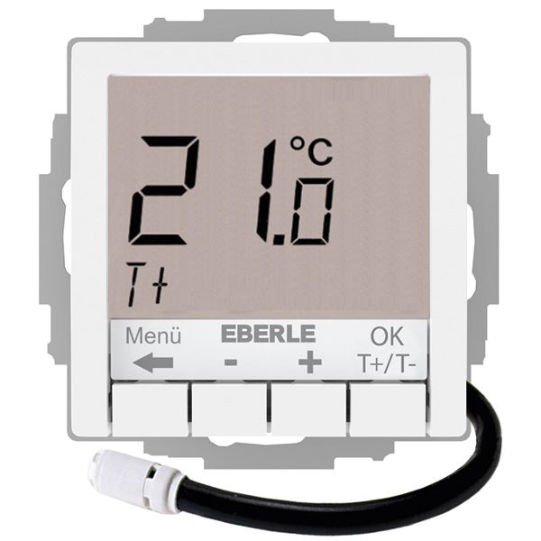 Flush-mounted thermostat for controlling electrical temperature control systems, RAL9016 glossy 55x55, AC 230V, 1 NO contact 16 A, white backlighting image 1