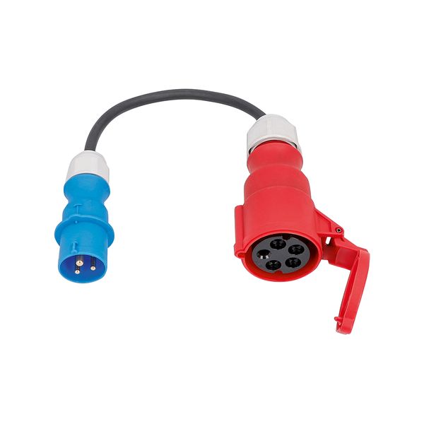 CEE adapter cable 
0,3 m H07RN-F 3G2,5
1st side: CEE plug blue 230V 16A 3pole #60470
2nd side: CEE socket red 400V 32A 5pole #61427 (L1, N, PE)
in polybag with label image 1