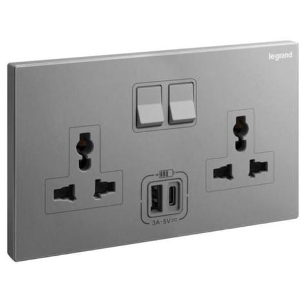 Galion - 2 gangs Multistandard switched socket outlet with 3A type-A and type-C USB chargers - Dark Silver image 1