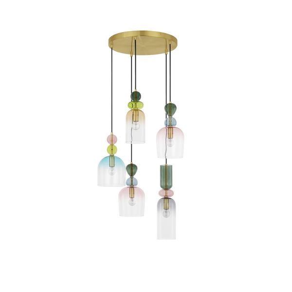 Sandy Gold Metal  Glossy Dark Green, Blue Grey Pink,  Glossy Light Green,   Orange & Light Grey Glass & Blue  LED E14 5x5 Watt 230 Volt  IP20 Bulb Excluded  D: 51.7 H: 120 cm Adjustable height image 1