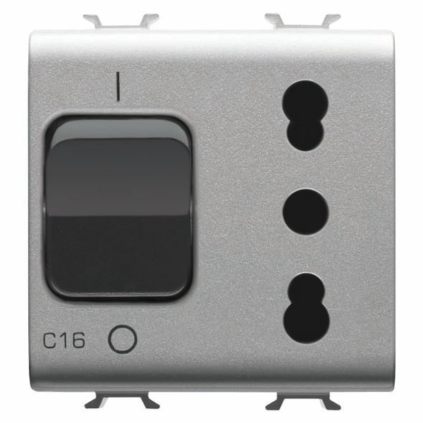 INTERLOCKED SWITCHED SOCKET-OUTLET - 2P+E 16A P17/P11 - WITH MINIATURE CIRCUIT BREAKER 1P+N 16A - 230V ac - 2 MODULES - TITANIUM - CHORUSMART. image 2