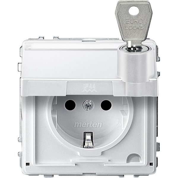 SCHUKO socket, hinged lid, label, lockable, various closures, BRS, plug-in terminals, polar white, AQUADESIGN image 1