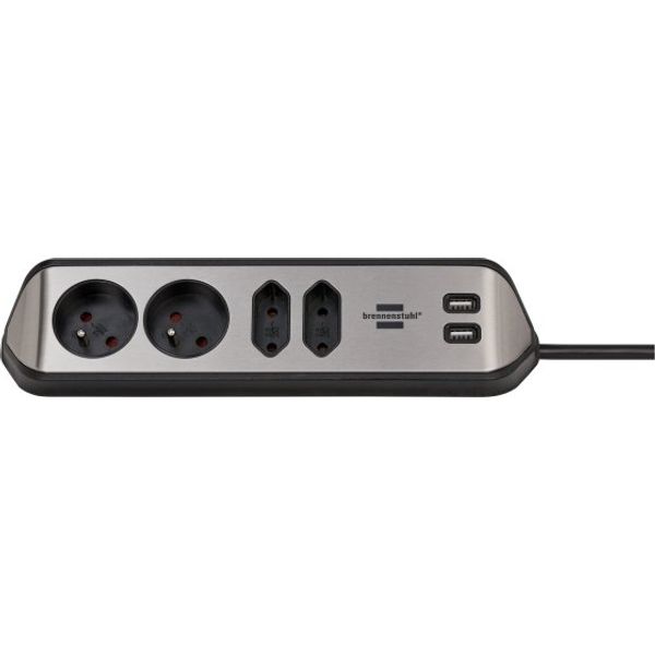brennenstuhl®estilo corner socket strip with USB charging function 4-way 2x earthed socket & 2x Euro silver/black *BE* image 1