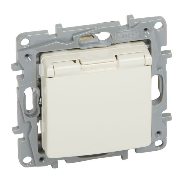 2P+E German std socket outlet Niloé -with shut. -flap cover -screw term. -ivory image 1