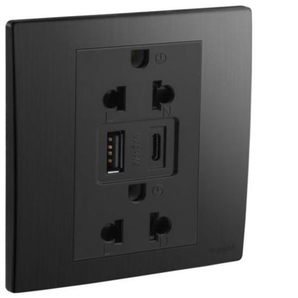 Mallia Senses - 1 gang EURO/US socket outlet - 16A - 2 x 2 Poles + Earth - with 3000mA A and C types USB chargers - Brushed Black image 1