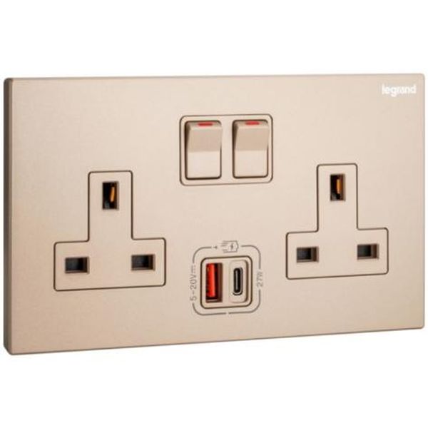 Galion - 2 gangs single pole switched socket outlets - with USB A+C 27W charger - Rose Gold image 1