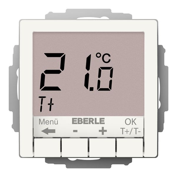 Flush-mounted thermostat as room controller, RAL9010 glossy 55x55, AC 230V, 1 changeover contact, heating 5(2) A, cooling 1(1) A, white backlighting image 1