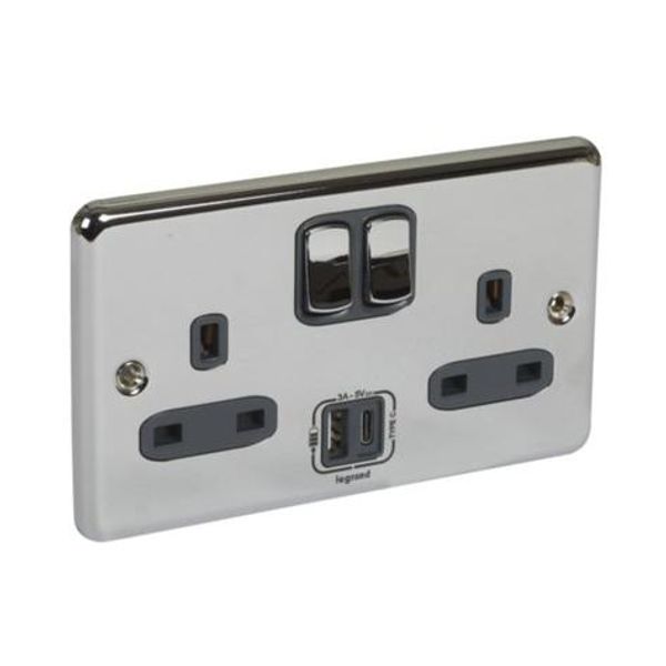 Synergy™ Authentic - 2 gang switched single pole BS socket outlet 13A + USB chargers Type A&C - Polished Stainless steel image 1