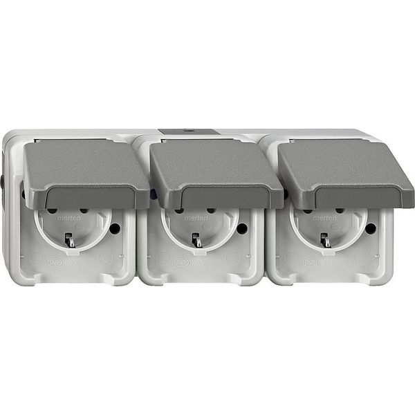 SCHUKO triple socket, arranged horizontally with touch protection, light gray, AQUASTAR image 1